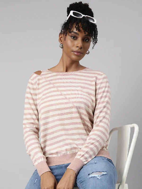 Weekend Offers That Tempt Women Peach Horizontal Stripes Fitted Top