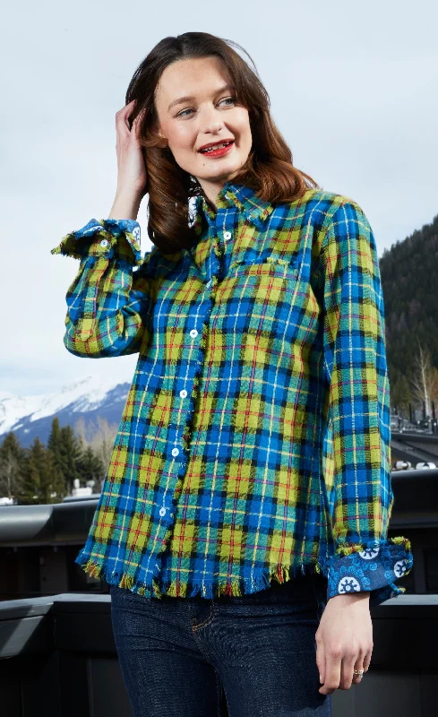 Weekend Specials to Relish Cape Cod Tunic With Fringe Bottom In Indigo Blue Yarn Dyed Flannel Plaid