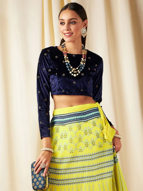 Midnight Madness Women Navy Velvet Embroidered Crop Top