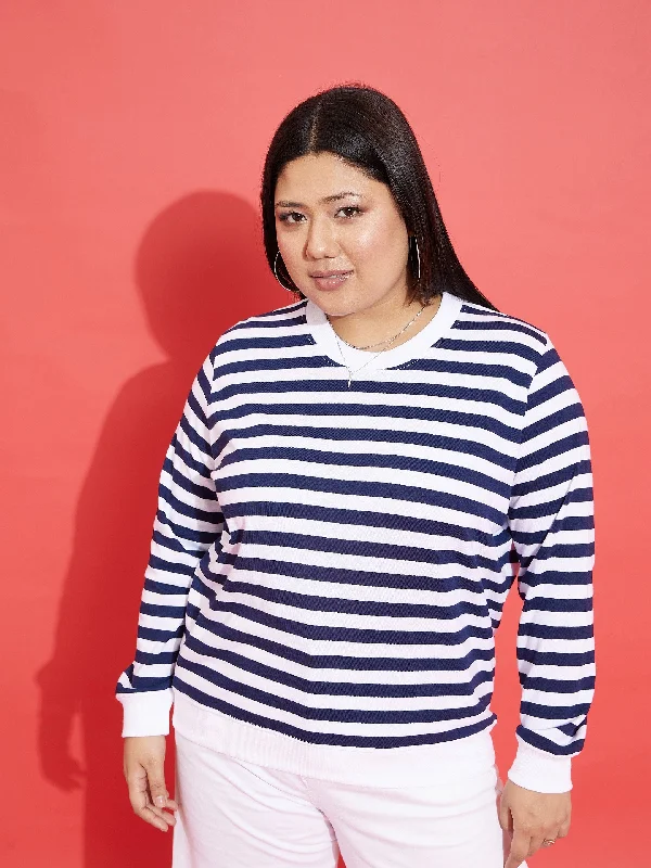 Weekend Discounts to Enjoy Women Navy & White Fleece Striped Sweatshirt