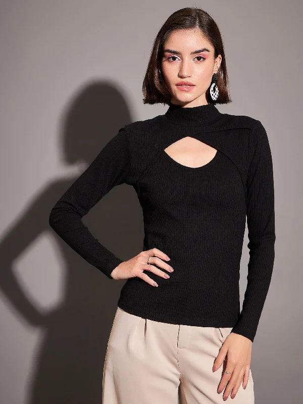 Weekend Offers That Excite Women Black Rib Moon Cut Top