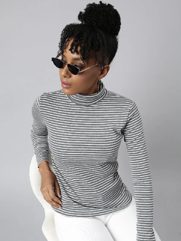 Weekend Deals to Make You Happy Women Grey Horizontal Stripes Top