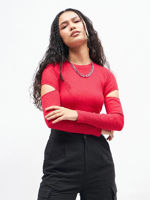 Stock Up Women Pink Bicep Cut Out Rib Top