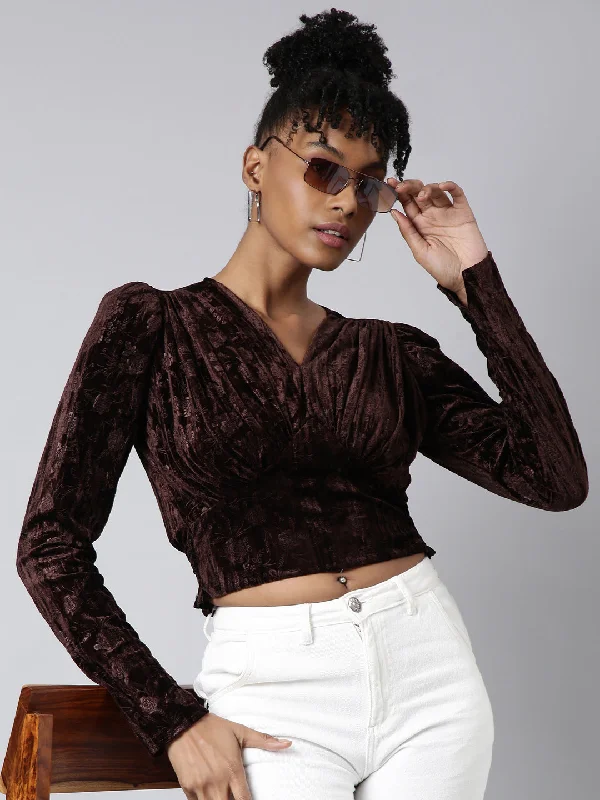 Final Clearance Women Brown Solid Cinched Waist Crop Top
