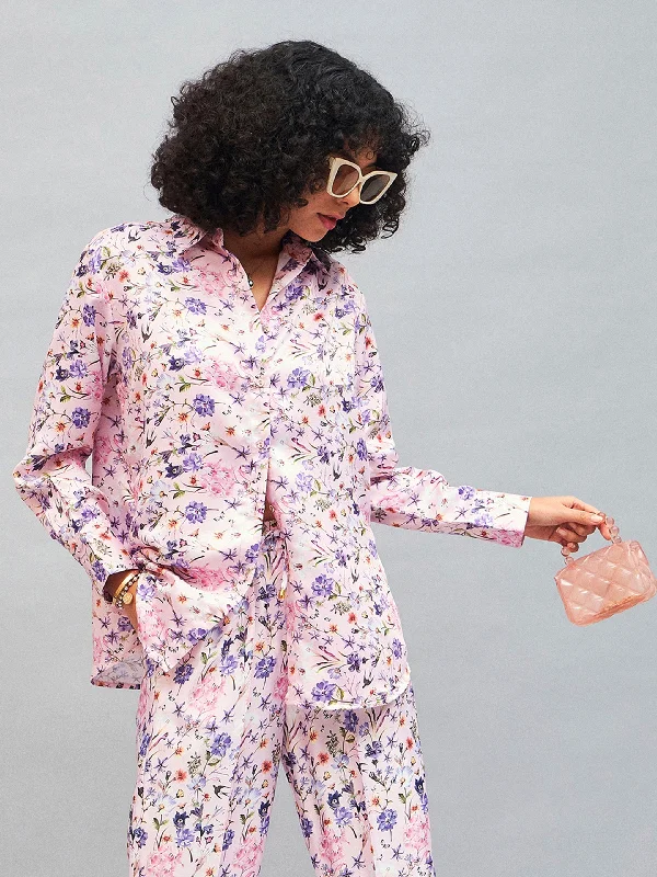 Big Deal Women Pink Satin Floral Oversized Shirt
