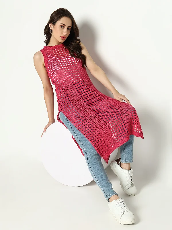 Don't Delay Women Pink Solid Crochet Longline Top