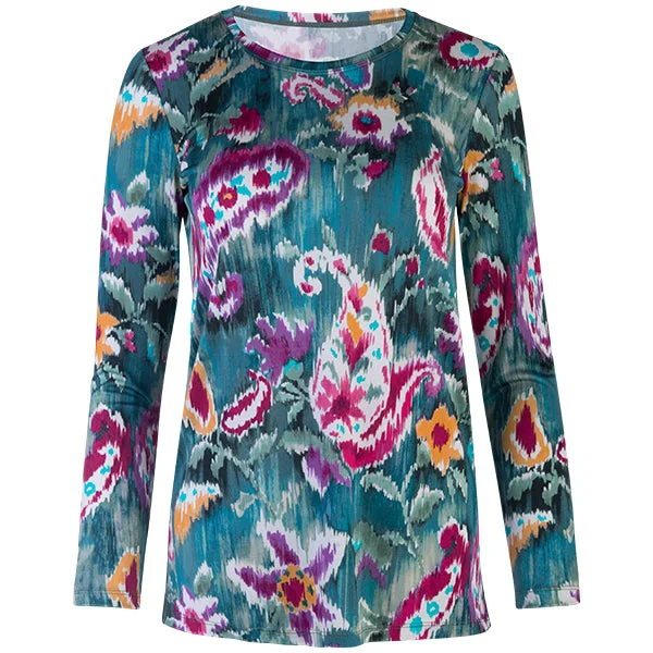 Extra Savings Round Neck Lione Tunic Tee in Paisley Teal Ikat