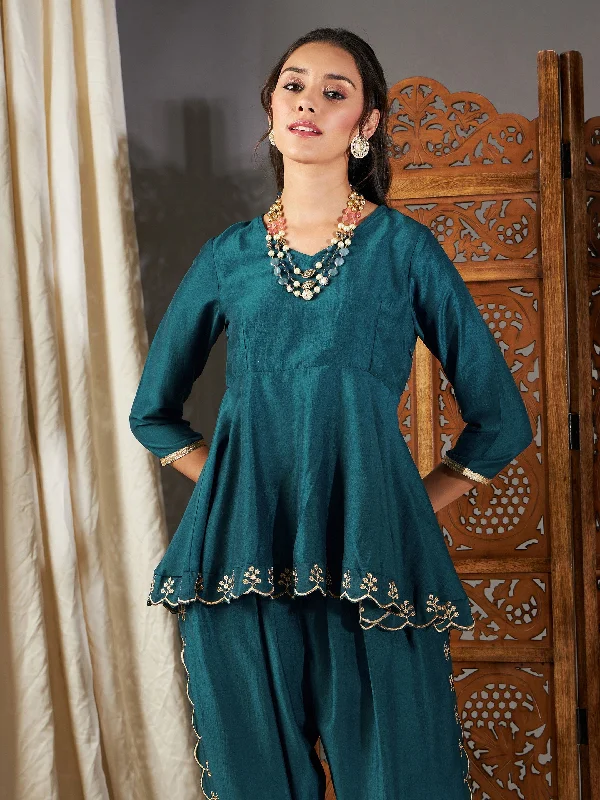 Weekend Shopping Made Better Women Teal Zari Embroidered Peplum Top