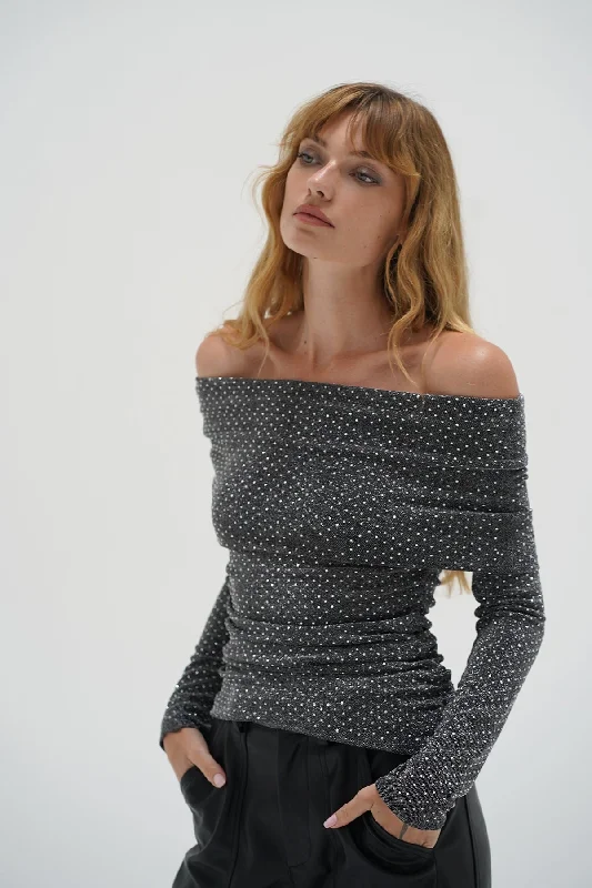 Weekend Bargains Just for You Liya Fold Over Rhinestone Top - Black Rhinestone