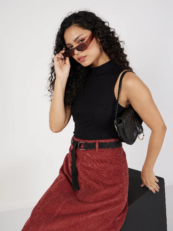Weekend Offers That Sizzle Women Black Rib Turtle Neck Sleeveless Top