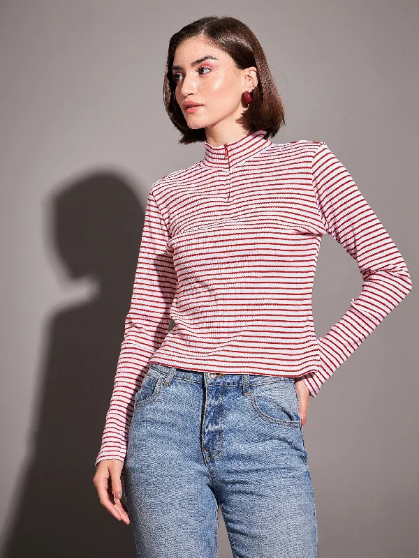 Don't Delay Women Red & White Striped Rib High Neck Front Zipper Top