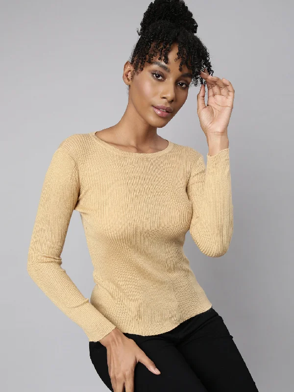 Weekend Savings Spree Women Beige Solid Fitted Top