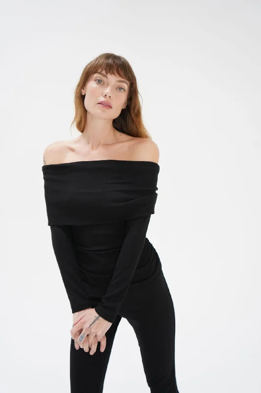 Top Pick Liya Ribbed Fold Over Top - Black