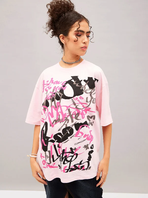 Weekend Specials You Can't Miss Women Pastel Pink Abstract Print Oversized T-shirt