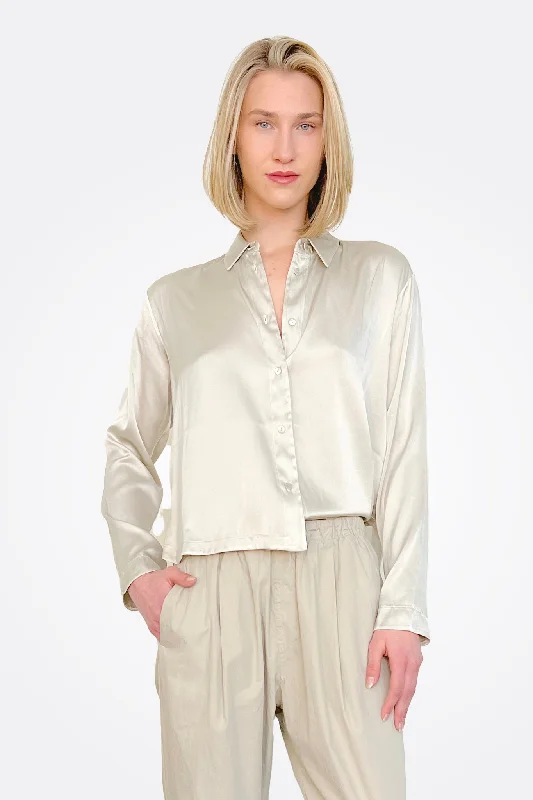 Weekend Offers That Shine Long Sleeve Stretch Silk Satin Shirt - Pearl Grey
