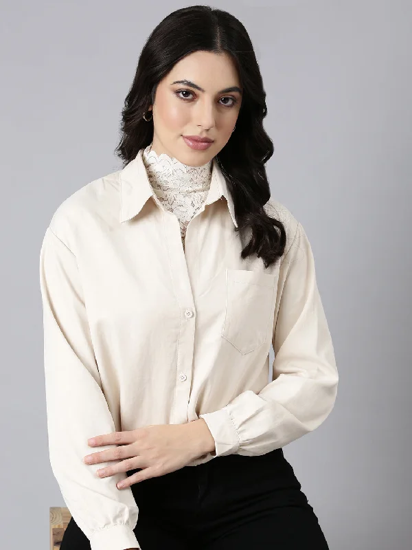 Weekend Bargains to Love Women Solid Shirt Style Cream Top Comes with Attached Inner Top
