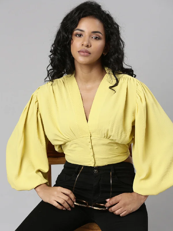 Weekend Savings Bonanza Women Yellow Solid Blouson Crop Top