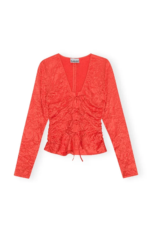 Weekend Savings Spree Crinkled Satin V-neck Shirt - Grenadine